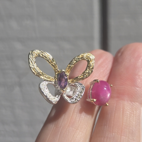 Star Ruby 3k & Amethyst butterfly sterling & gold ring sz7 adjustable open - Picture 10 of 10